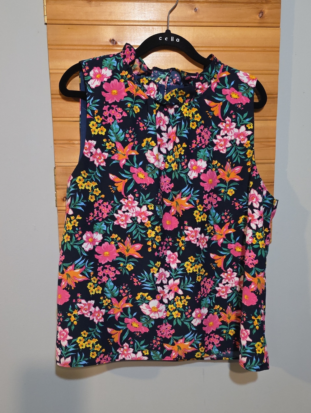 J. Crew Navy Floral Sleeveless Blouse with Pink & Yellow Blooms